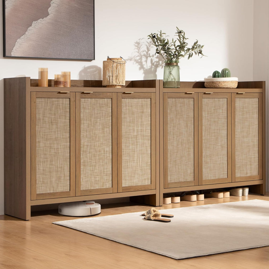 SICOTAS Shoe Storage Cabinet, 30 Pairs Rattan Shoe Cabinet Storage for Entryway
