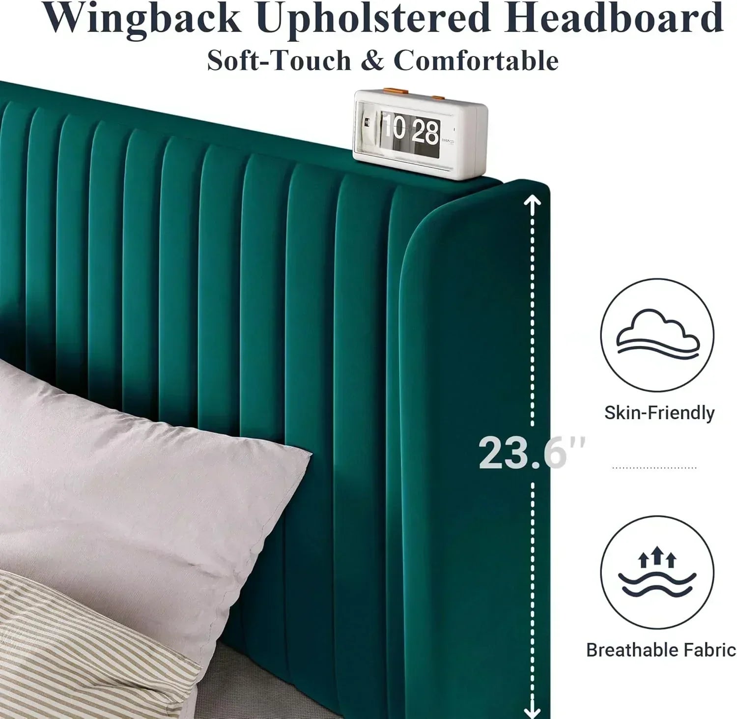 Allewie Full Size Velvet Bed Frame Vertical Channel Tufted Wingback Headboard Upholstered Bed