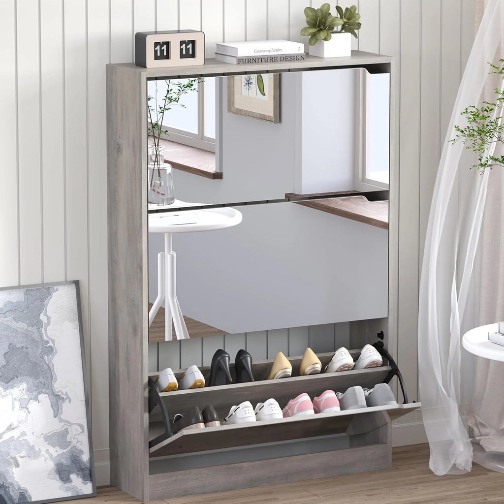 Shoe Cabinet with 3 Flip Drawers Hidden Wood Shoe Cabinet Freestanding Shoe Storage Cabinet