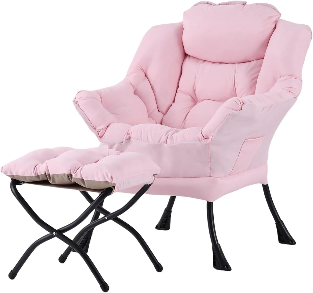 Welnow Lazy Chair with Ottoman, Modern Accent Chair with Armrests and a Side Pocket, Leisure Sofa Armchair, Reading Armchair with Footrest for Small Space, Dark Grey