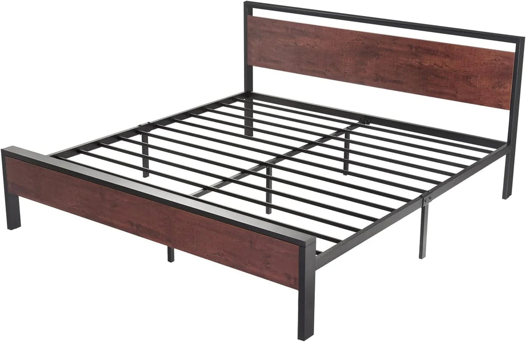 SHA CERLIN 14 Inch Queen Size Metal Platform Bed Frame with Wooden Headboard and Footboard