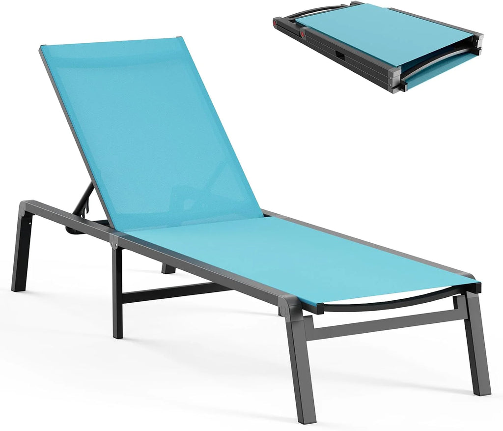 Aluminum Chaise Lounge Ourdoor - Foldable & Assemble Free Outdoor Lounge Chair with 5 Adjustable Backrest, Patio Lounge Chair for Outside Poolside Beach Pool, Black