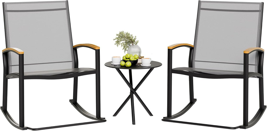 Shintenchi 3 Piece Outdoor Rocking Bistro Set, Textilene Fabric Small Patio Furniture Set, Front Porch Rocker Chairs Conversation Set with Table for Lawn, Garden, Balcony, Poolside (Black)