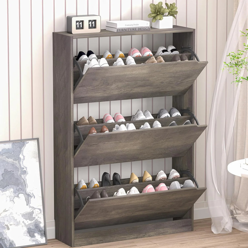 Shoe Cabinet with 3 Flip Drawers Hidden Wood Shoe Cabinet Freestanding Shoe Storage Cabinet