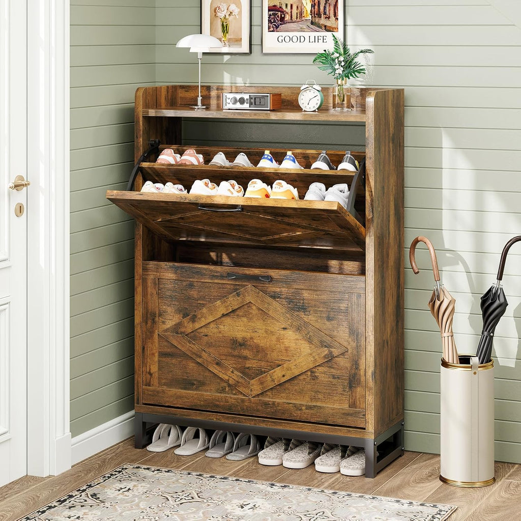 Shoe Cabinet, Shoe Storage Cabinet with 2 Flip Drawers & Adjustable Shelf