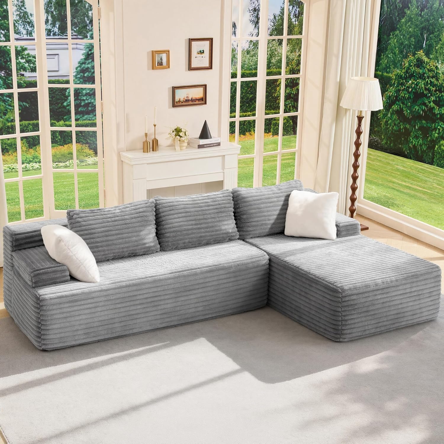 Modular Sectional Sofa Couches L-Shape Couch 3 Seat Modular Sofa Memory Foam Sectional Couches for Living Room, Cloud Couch with Oversized Chaise (Grey Stripe, 96 Left Facing Chaise)