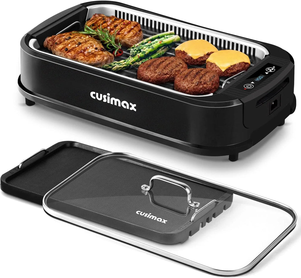 Indoor Grill CUSIMAX Electric Smokeless Grill Portable Korean BBQ with Turbo Smoke Extractor Technology, Non-stick Removable Plate, Tempered Glass Lid, Great for Party(Single Plate)