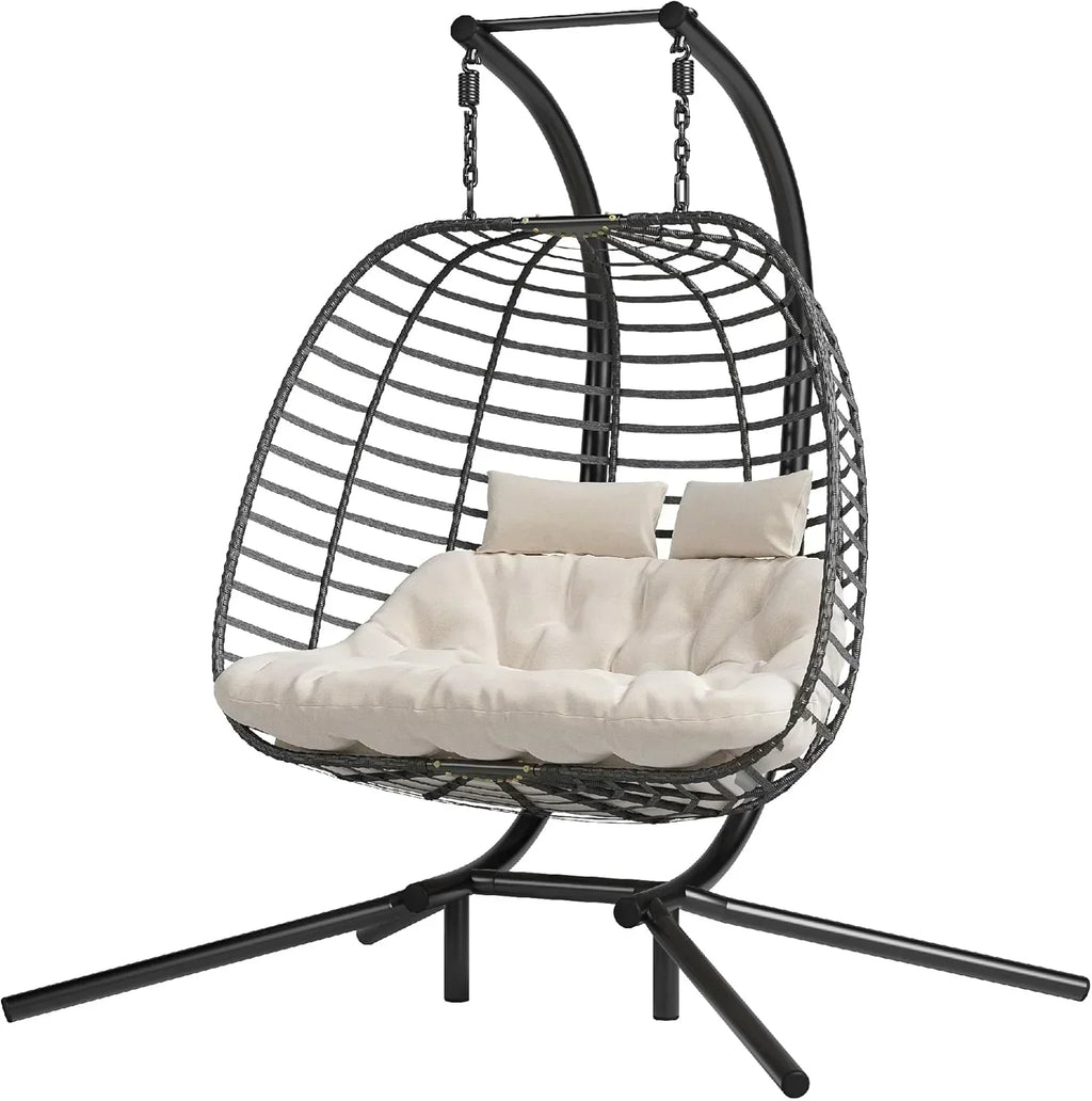 HWB Hanging Egg Chair with Stand Patio Wicker Hammock Egg Swing Chair Cushion for Bedroom