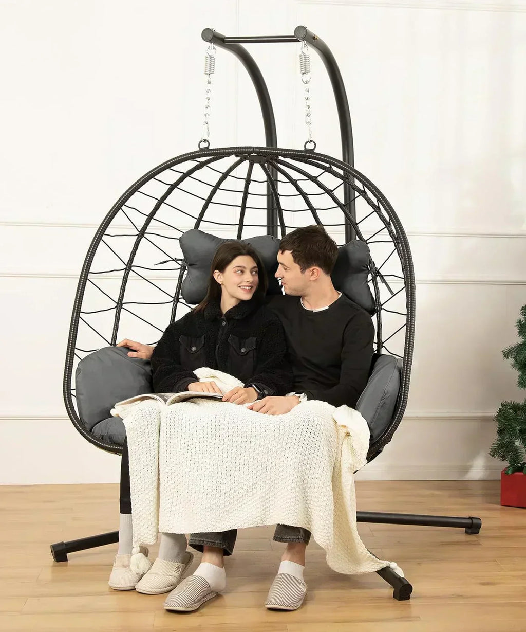 Double Egg Chair wth Stand Hammock Swing Chair Foldable Hanging Loveseat UV Resistant
