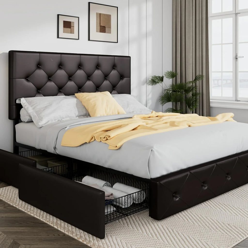 Allewie Upholstered Queen Size Platform Bed Frame with 4 Storage Drawers and Headboard