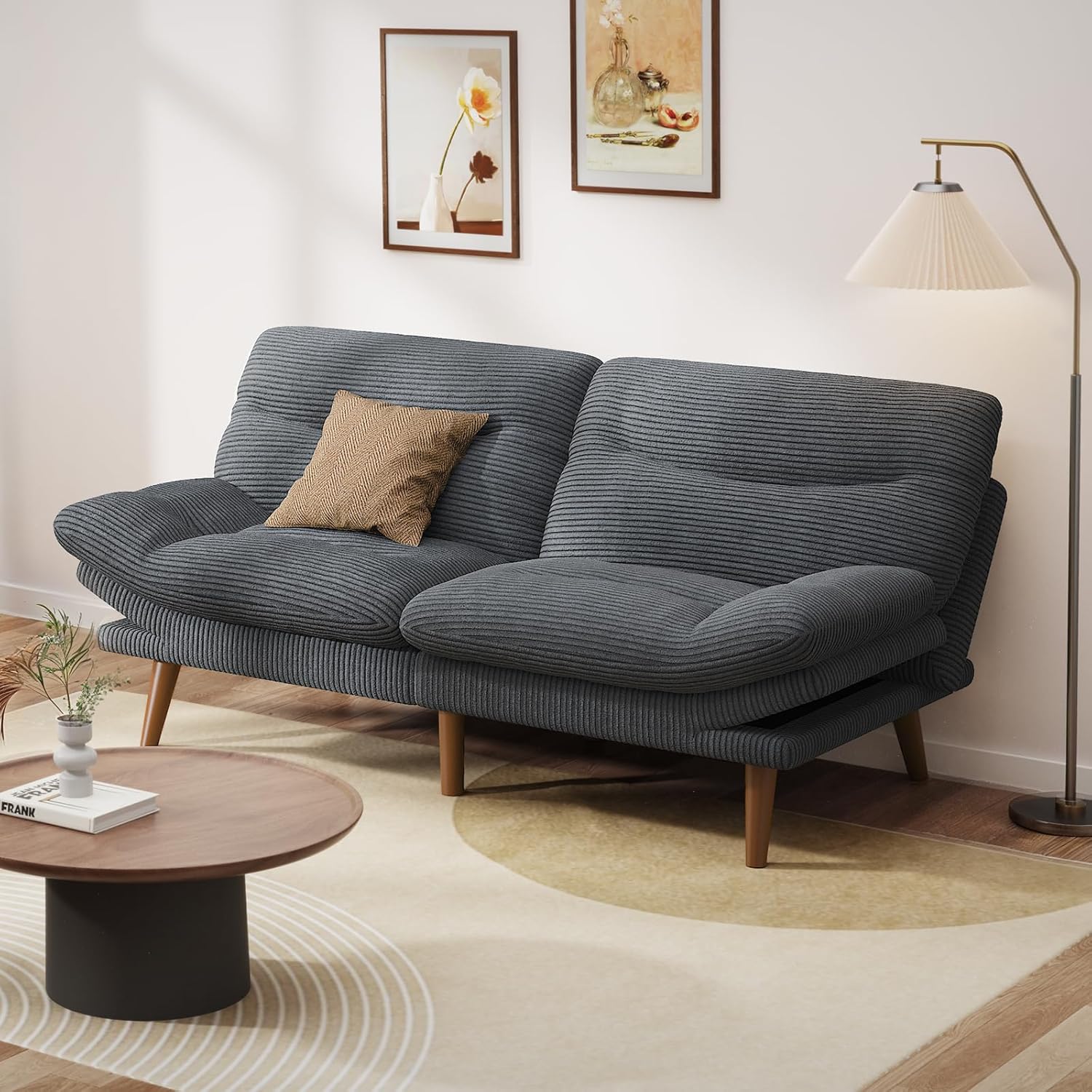 Pipishell Convertible Futon Sofa Bed,66 Corduroy Futon Couch with Adjustable Backrest and Armrests, Recliner Sleeper Sofa for Small Spaces, Play Room or Office, Grey