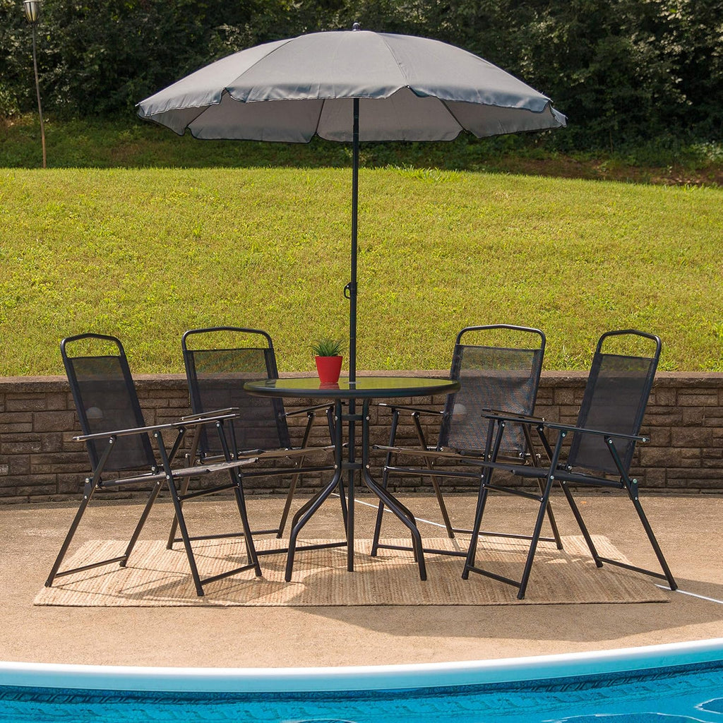 EMMA + OLIVER 6 Piece Brown Patio Garden Set with Umbrella Table Set of 4 Folding Chairs