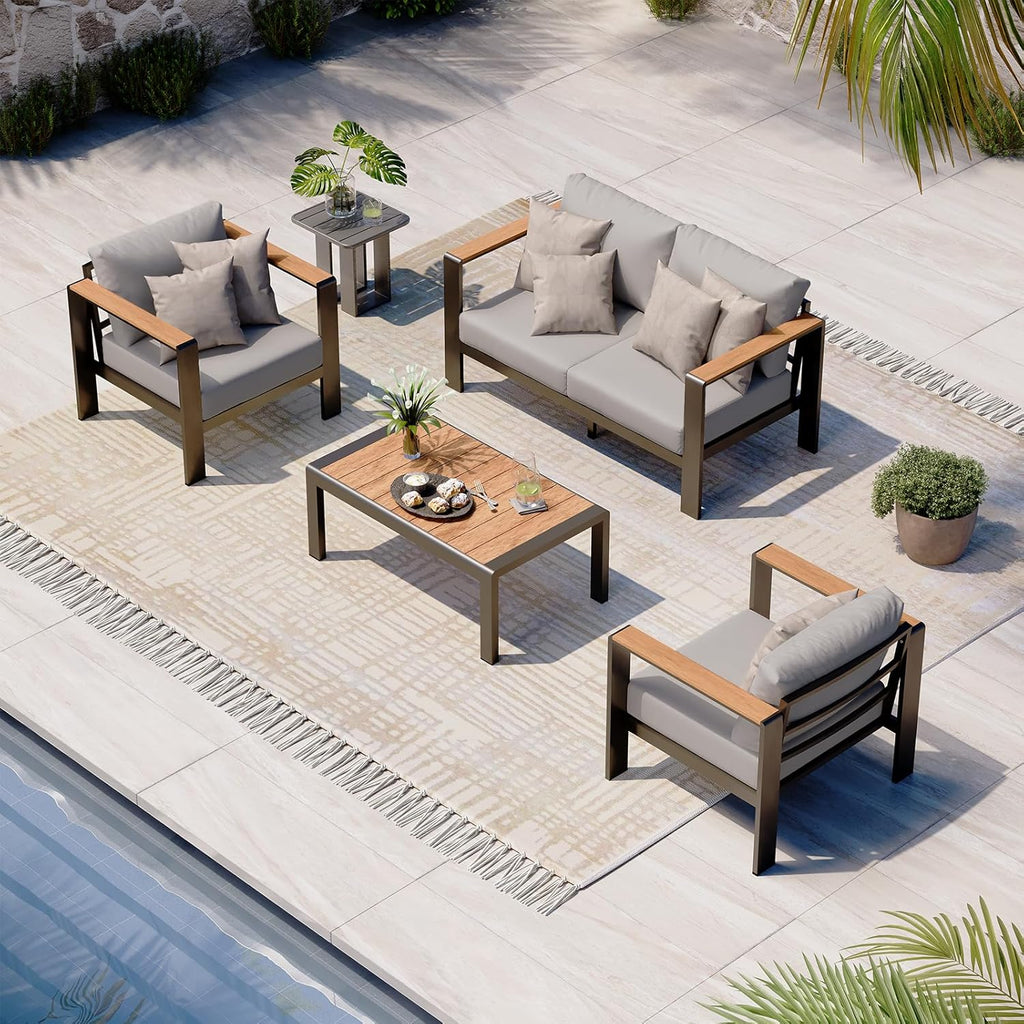 Aluminum Outdoor Patio Furniture Set with Coffee Table, 4 Piece Patio Conversation Sets with Washable Thick Cushions
