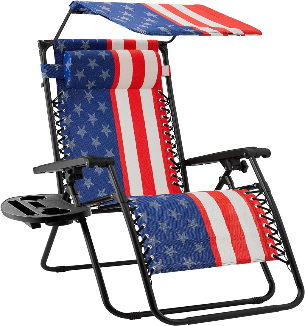 Best Choice Products Folding Zero Gravity Outdoor Recliner Patio Lounge Chair w/Adjustable Canopy Shade, Headrest, Side Accessory Tray, Textilene Mesh - Peacock Blue