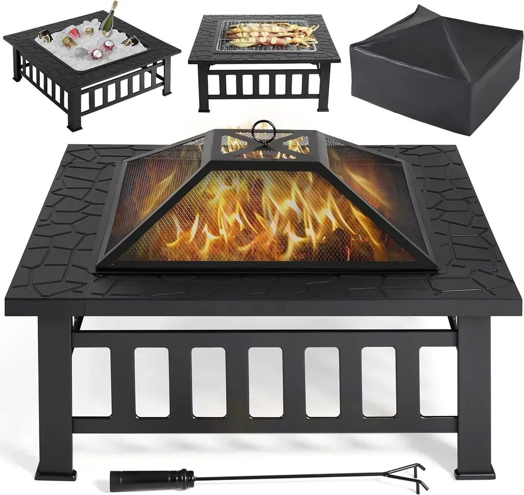 Yaheetech Multifunctional Fire Pit Table Square Metal Firepit Stove Backyard Patio Garden Fireplace