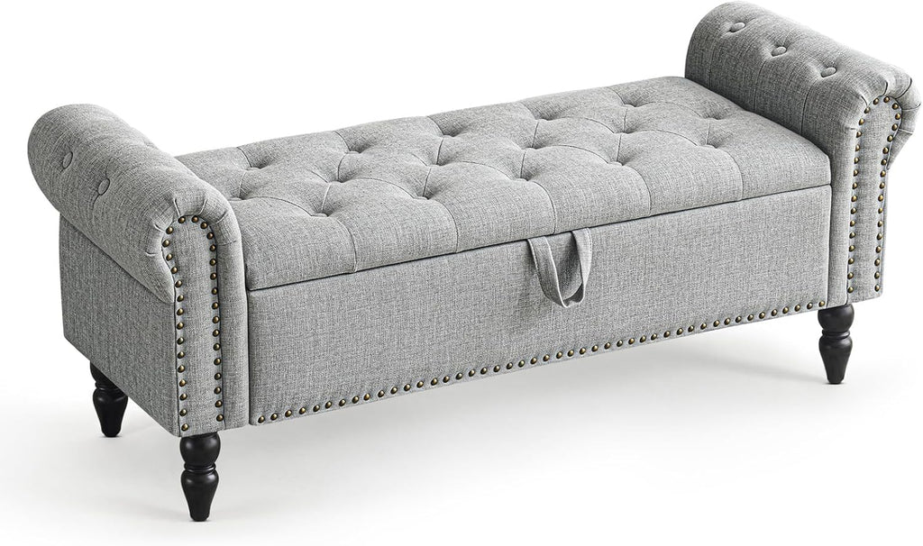 Furniliving Modern Storage Ottoman Bench, Sherpa Ottoman End of Bed Bench with Solid Wood Legs Upholstered Ottoman Benches with Storage Indoor Bench
