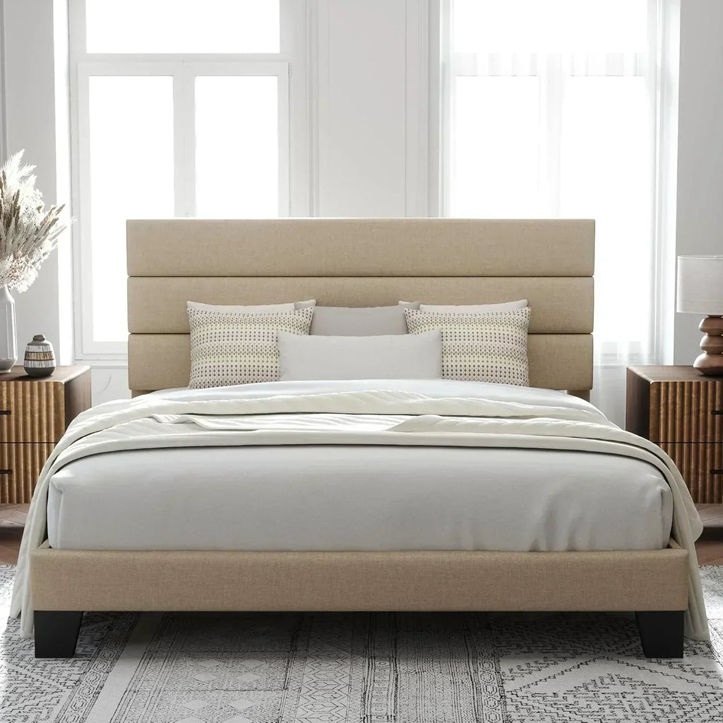 Allewie King size platform bed frame with velvet upholstered headboard and planks