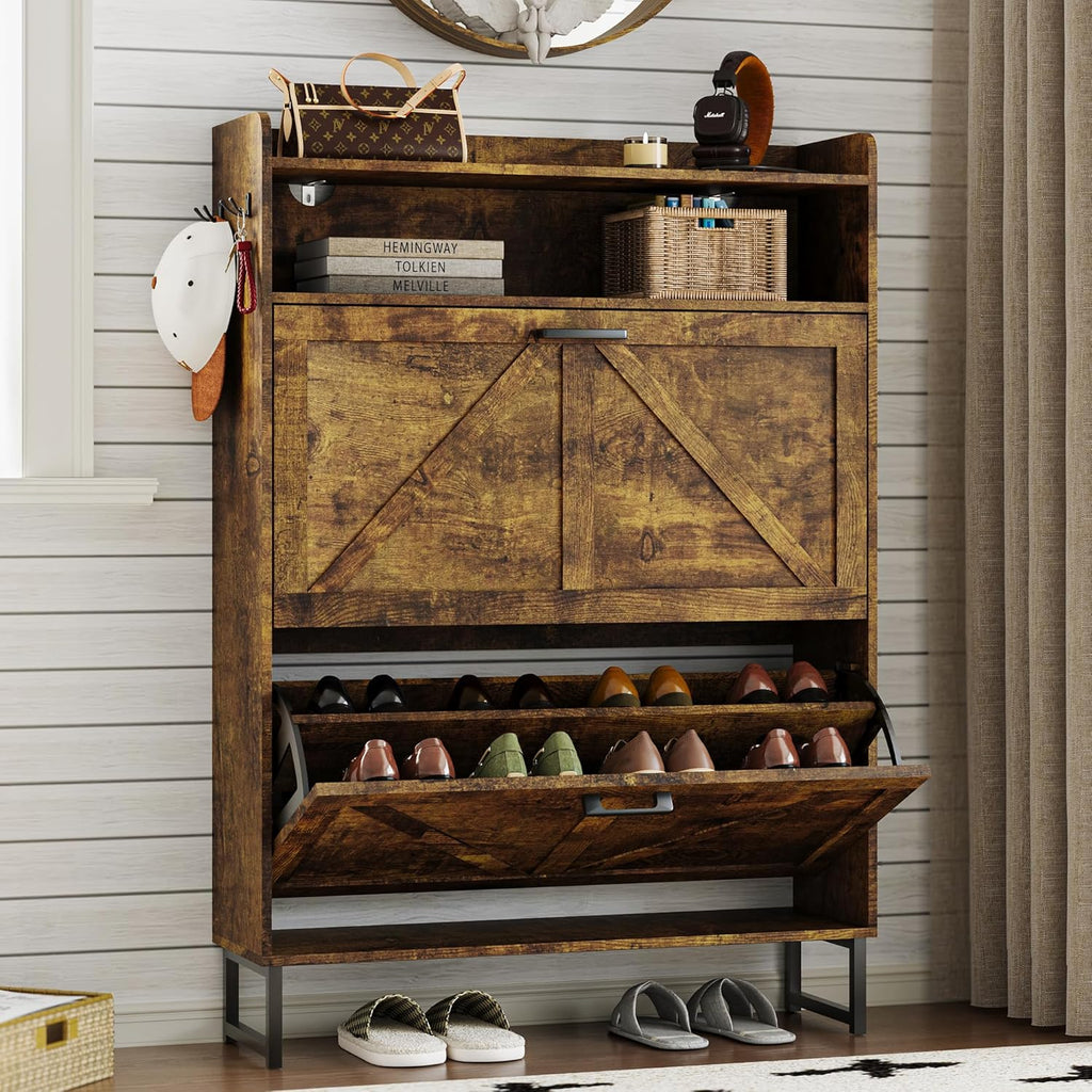 Shoe Cabinet with 2 Flip Drawers Narrow Shoe Storage Cabinet Organizer Wooden Freestanding Rack
