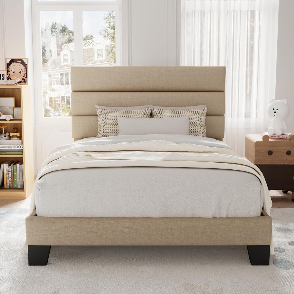 Allewie Queen Size Platform Bed Frame Fabric Upholstered Headboard Wooden Slats Support