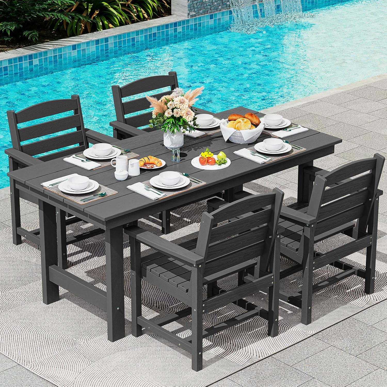SERWALL Outdoor HDPE Dining Table Set 7 Piece Outdoor Dining Table Sets