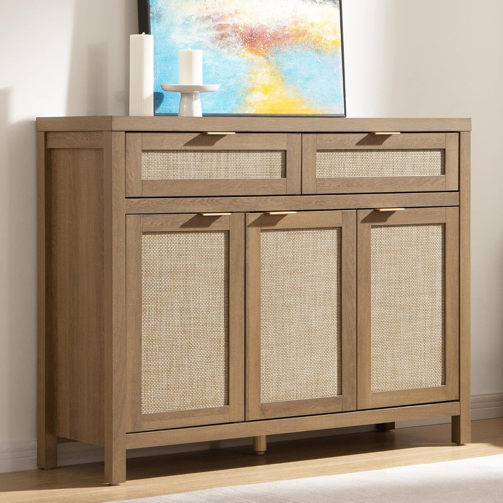 SICOTAS Rattan Sideboard Buffet Cabinet with Storage Boho Credenza Accent Cabinet with 3 Doors