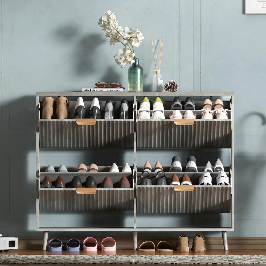 Shoe Cabinet Storage Modern Freestanding Organizer with 2 Flip Drawers Narrow Shoe Rack Cabinet