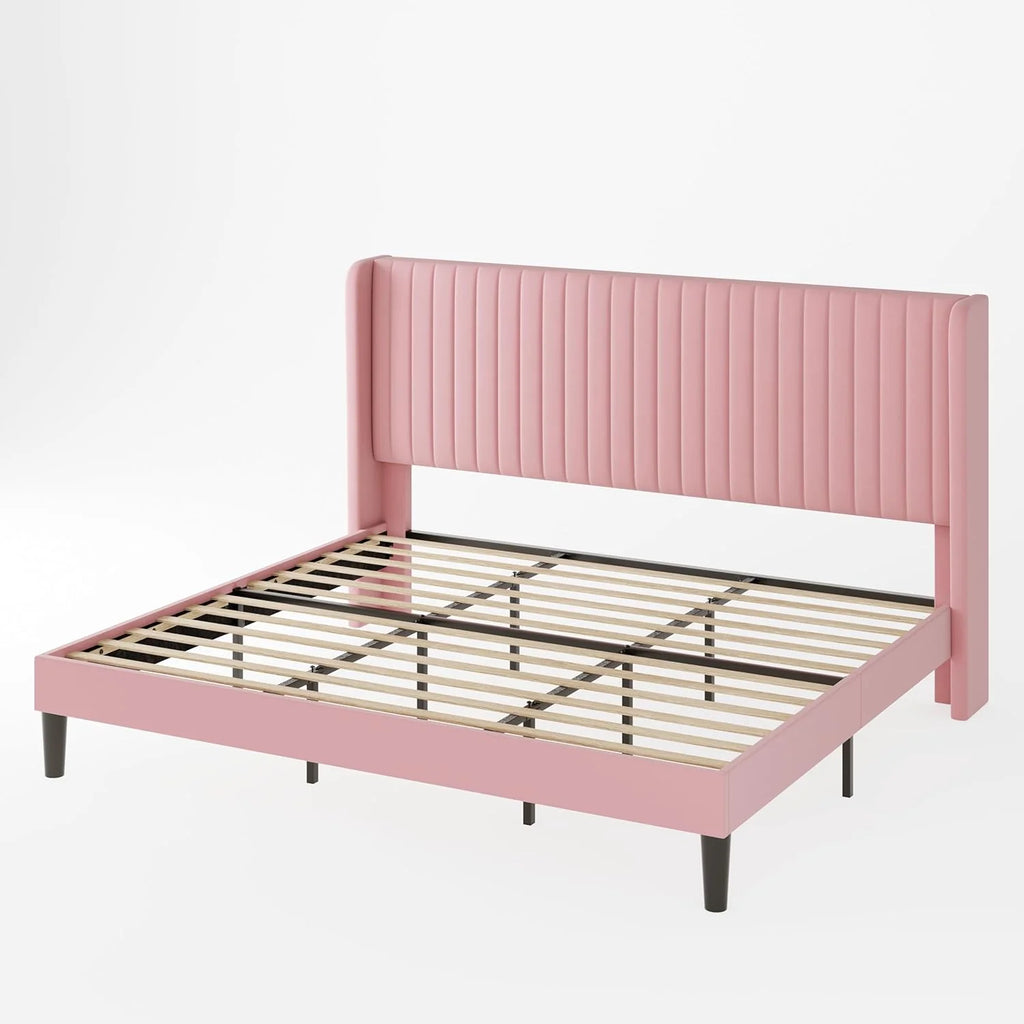 Allewie Full Size Velvet Bed Frame Vertical Channel Tufted Wingback Headboard Upholstered Bed
