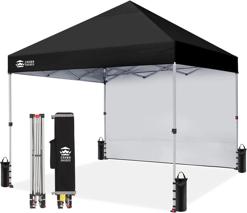 CROWN SHADES 10x10 Pop Up Canopy with 1 Side Wall - Beach Tent with One Push Setup - Outdoor Sun Shade for Events, Parties, Camping - Gazebo with STO-N-Go Cover Bag (White)