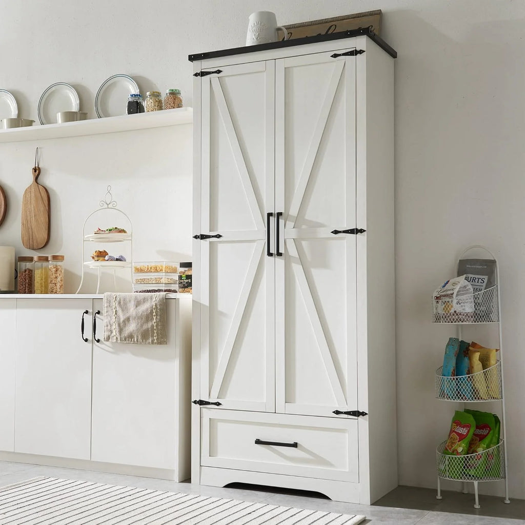 JXQTLINGMU Farmhouse Kitchen Pantry - 72 Tall Wood Kitchen Storage Cabinet with Adjustable Shelves and 2 Barn-Style Doors and Drawers