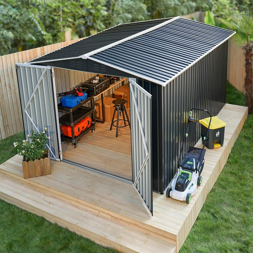 Polar Aurora 8 x 12 FT Outdoor Storage Shed, Metal Garden Shed with Updated Frame Structure, Tool Sheds for Backyard Garden Patio Lawn Black