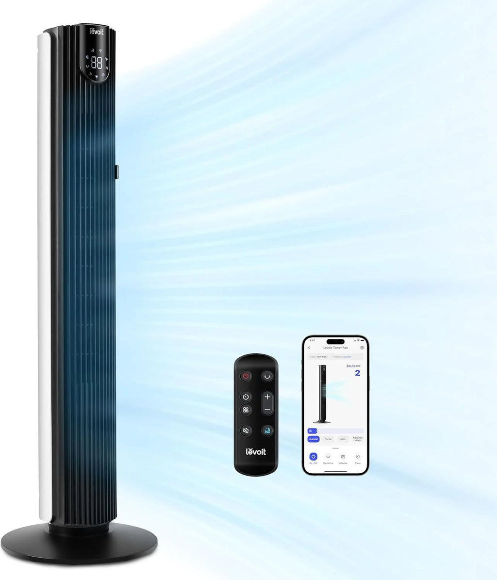 LEVOIT Tower Fan for Bedroom, Standing Fan with 28dB Quiet for Sleep, Remoter, 12H Timer, 25ft/s Velocity, 5 Speeds, 4 Modes, 90° Oscillation for Home, Office, Indoor, Bladeless 36 inch, White