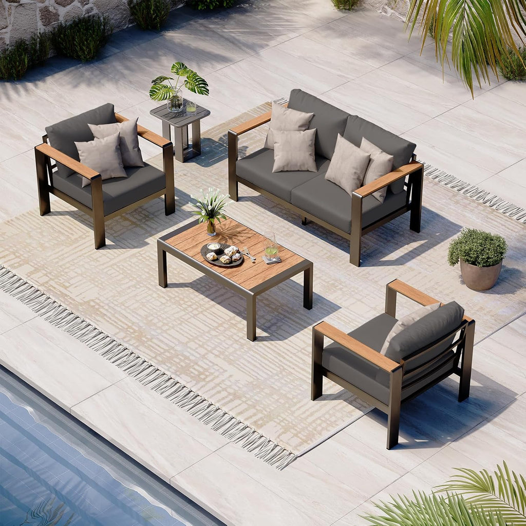 Aluminum Outdoor Patio Furniture Set with Coffee Table, 5 Piece Patio Conversation Sets, Outdoor Sectional Furniture for Porch, Balcony, Yard, Gray