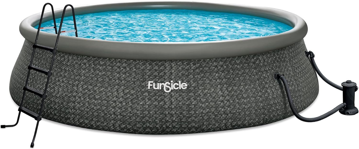 Funsicle 12 Foot by 36 Inch Quickset Round Inflatable Ring Top Outdoor Above Ground Swimming Pool Set with Pump and Cartridge Filter, Dark Herringbone