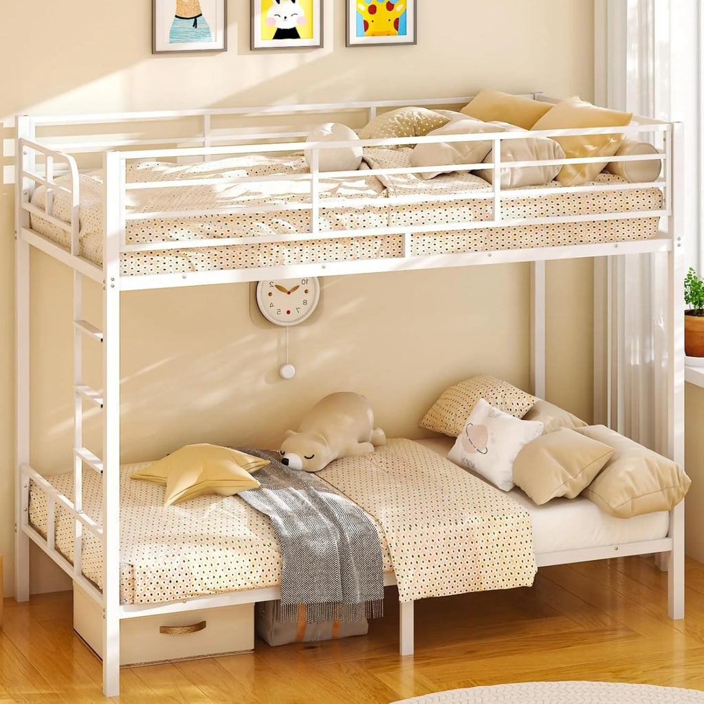 VINGLI Metal Bunk Bed Frame Twin Over Twin with LED Lights Non-Slip Ladder Full Length Guardrail