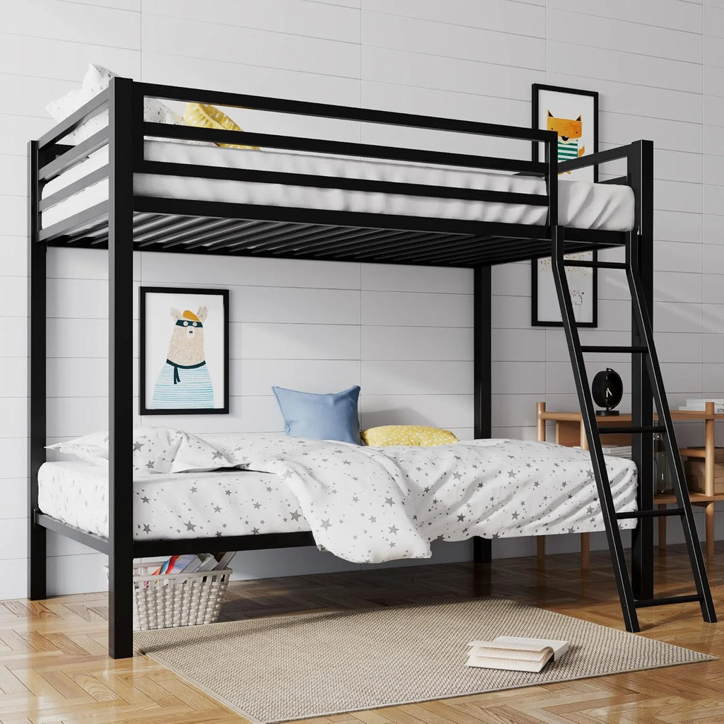 SHA CERLIN Loft Bunk Bed Twin Over Twin Size with Ladder and Guardrail Metal Slats Support
