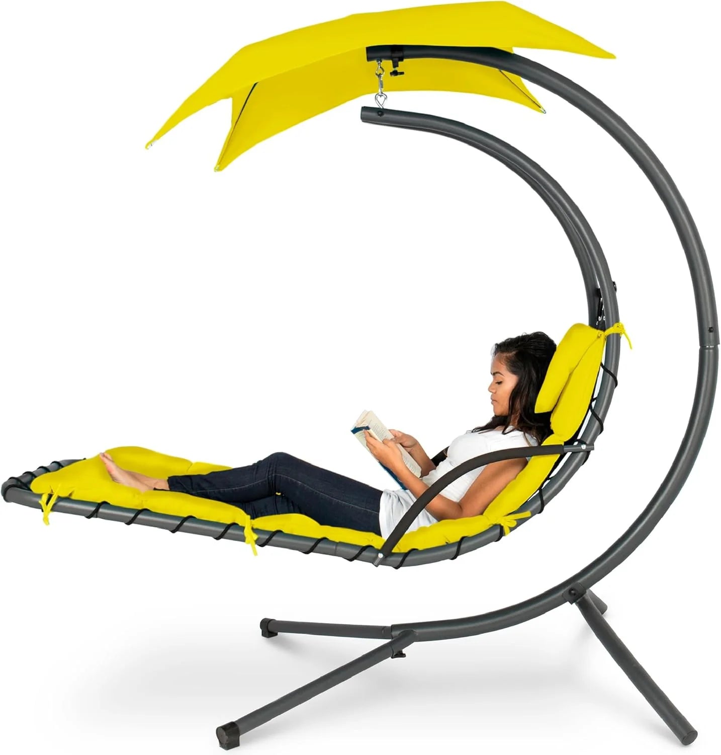 Best Choice Products Outdoor Hanging Curved Steel Chaise Lounge Chair Swing w/Built-in Pillow and Removable Canopy - Teal