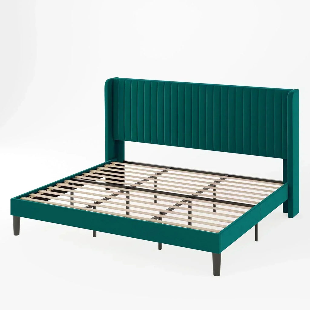 Allewie Full Size Velvet Bed Frame Vertical Channel Tufted Wingback Headboard Upholstered Bed