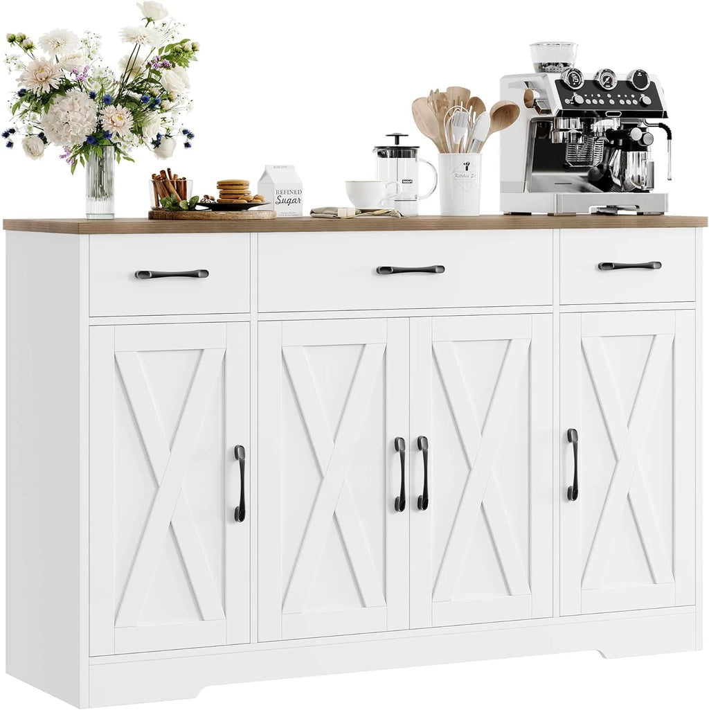 Sideboard with drawers, large 55-inch sideboard, sideboard storage with shelves and doors, modern farmhouse coffee bar wood kitchen dining table
