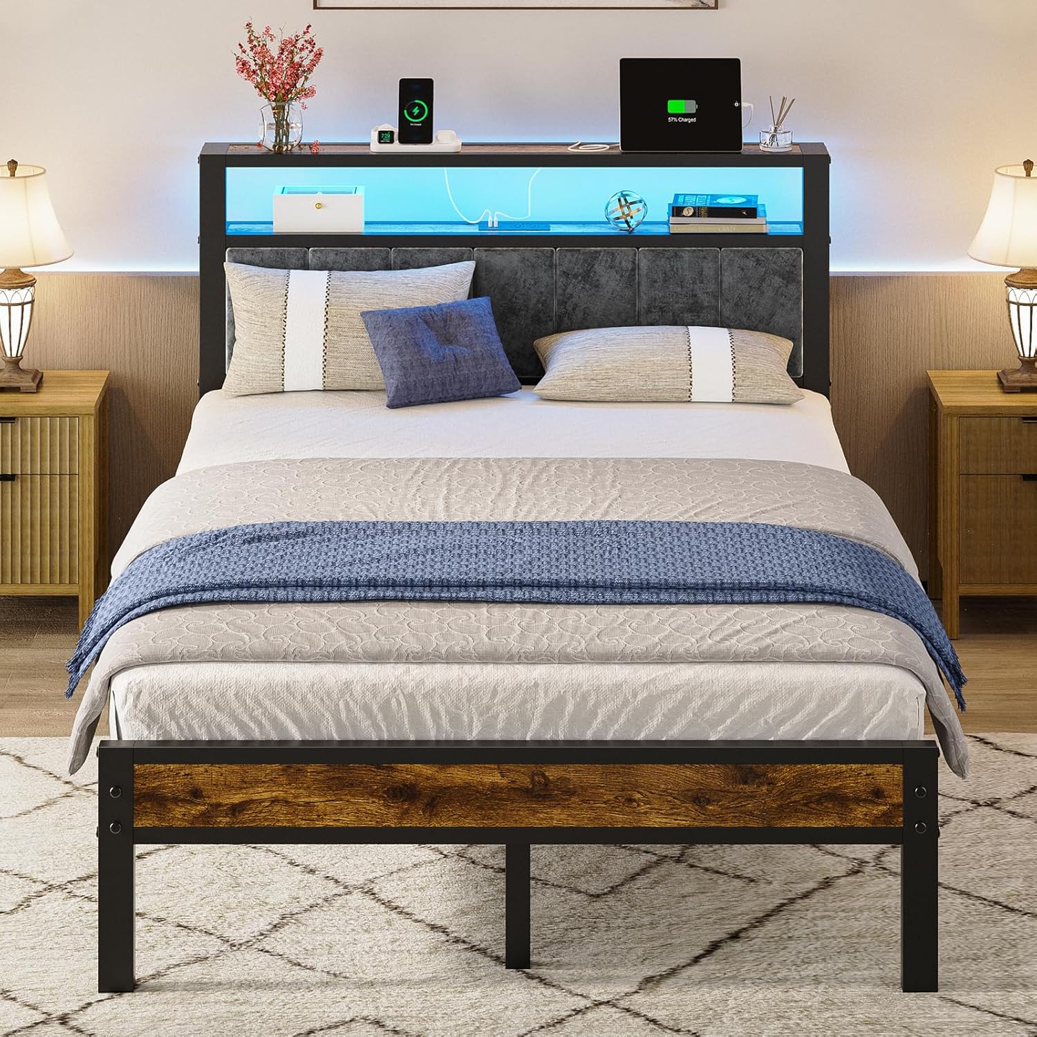 Queen Size Bed Frame with 2-Tier Storage Shelves Headboard Platform Bed Charging Station
