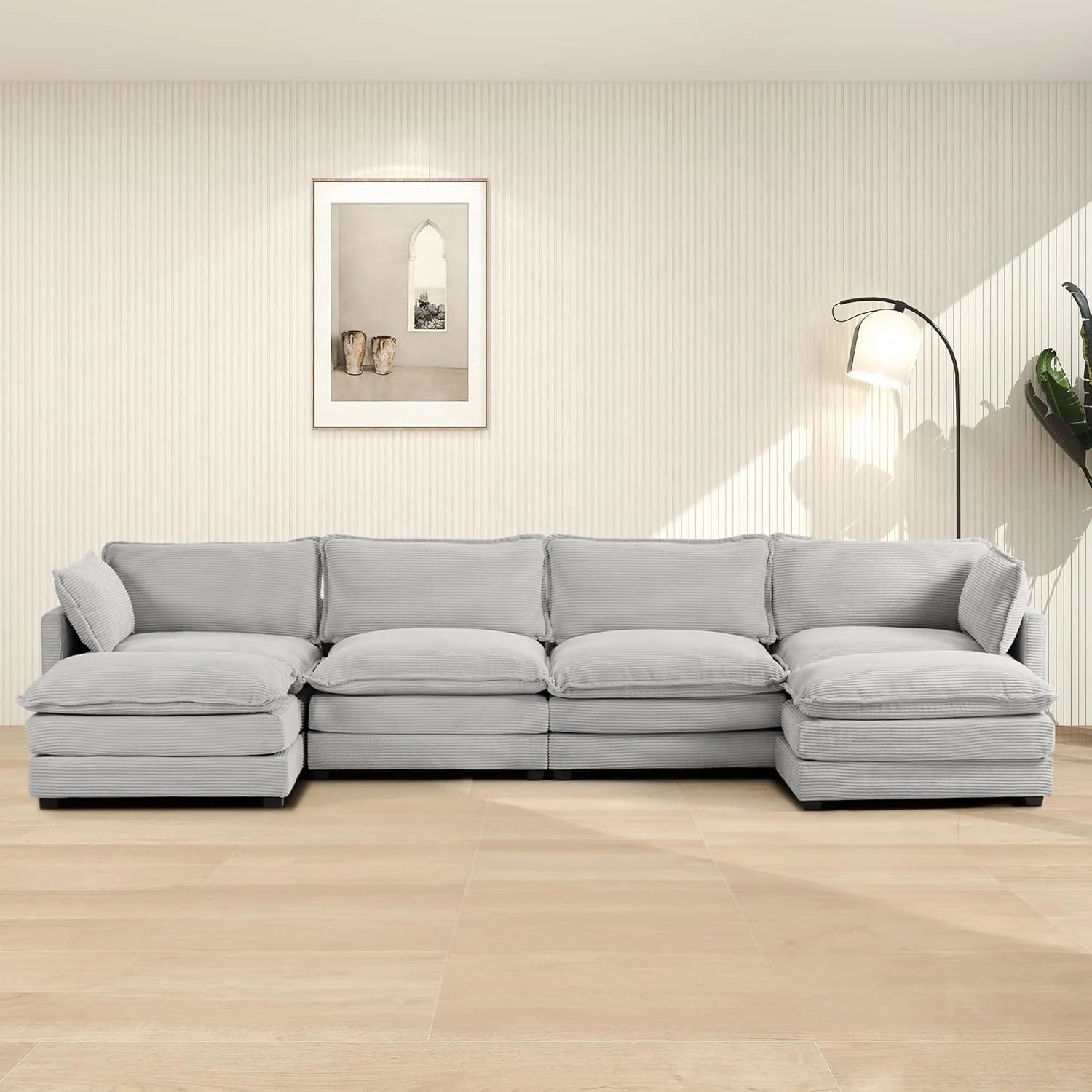 ROWHY Oversized Modular Sectional Sofa with Movable Ottoman, 112 Inch 4 Seat Modern Corduroy Sofa Set, Convertible L Shaped Couch for Living Room and Office, Beige