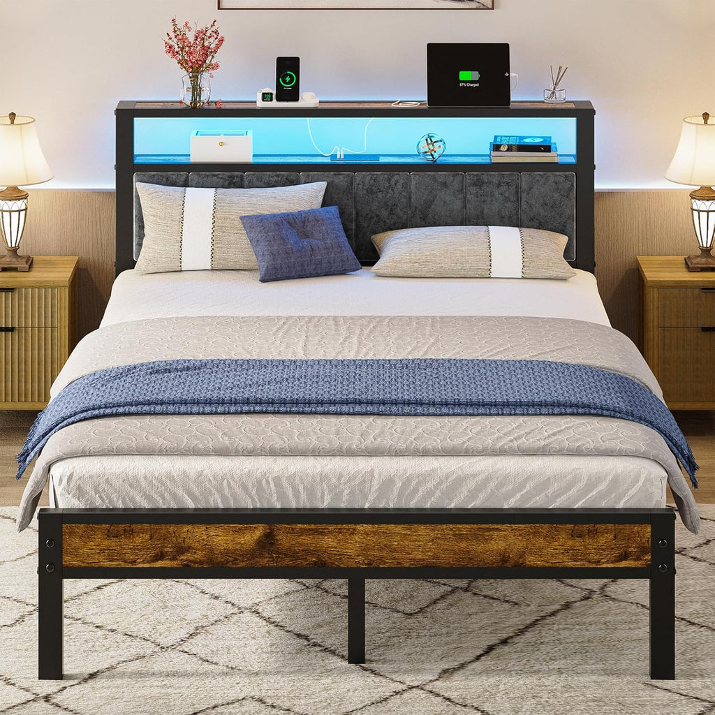 Queen Size Bed Frame with 2-Tier Storage Shelves Headboard Platform Bed with Charging Station