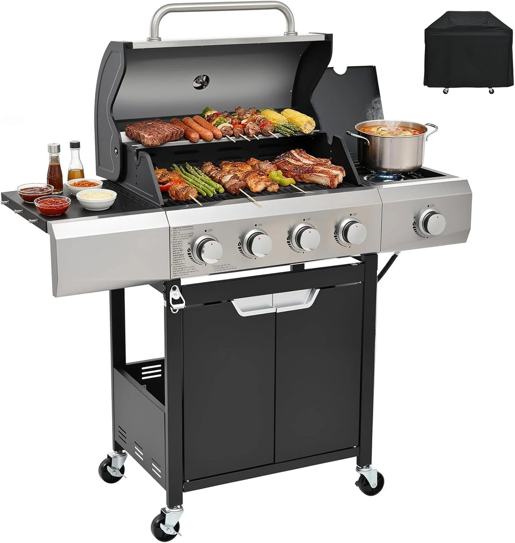 4-Burner Propane Gas BBQ Grill with Side Burner 46500 BTU Output Stainless Steel Barbecue Grill