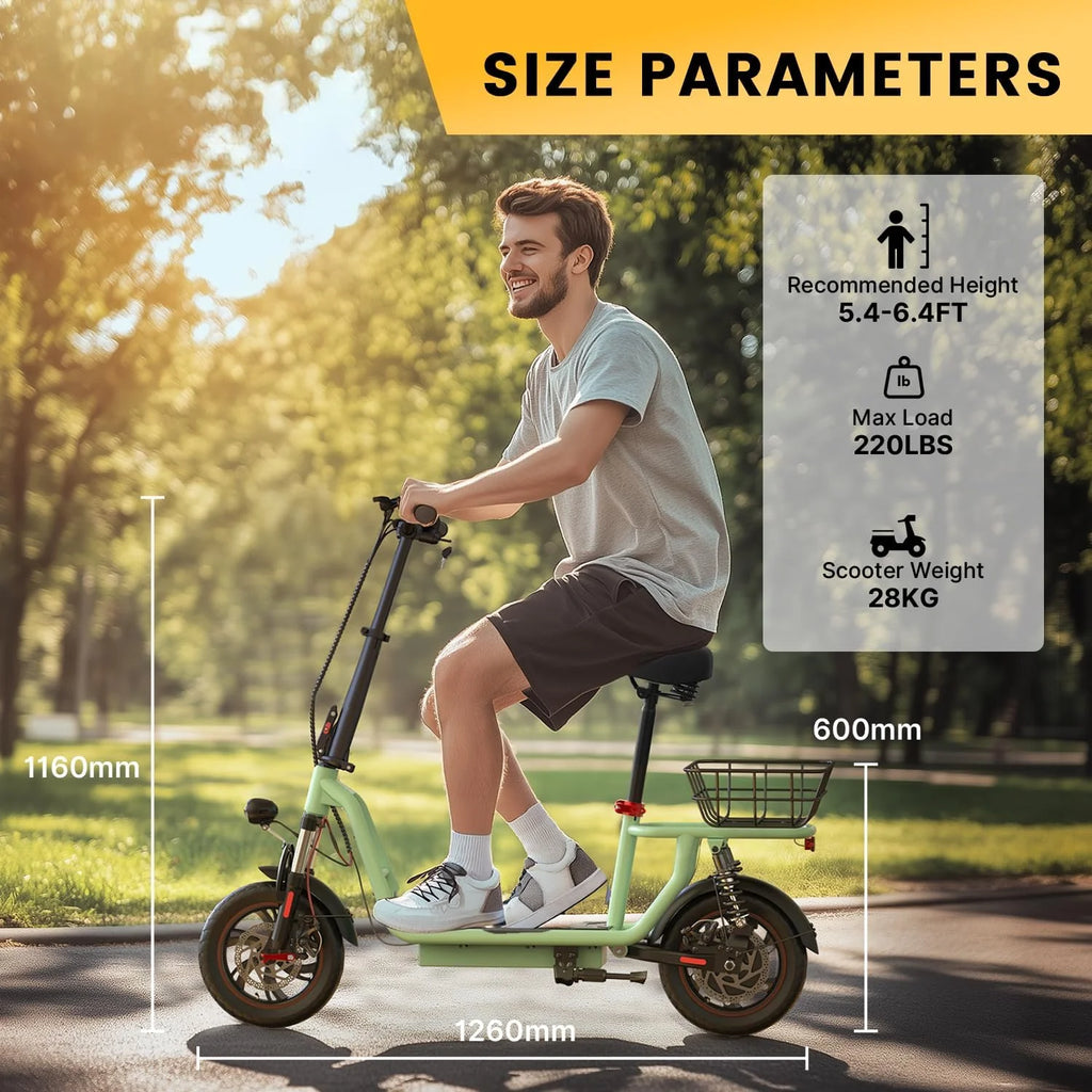 iScooter electric scooter with seat, 37/21 mile range, 28/19/15.6 mph top speed, dual suspension scooter with basket