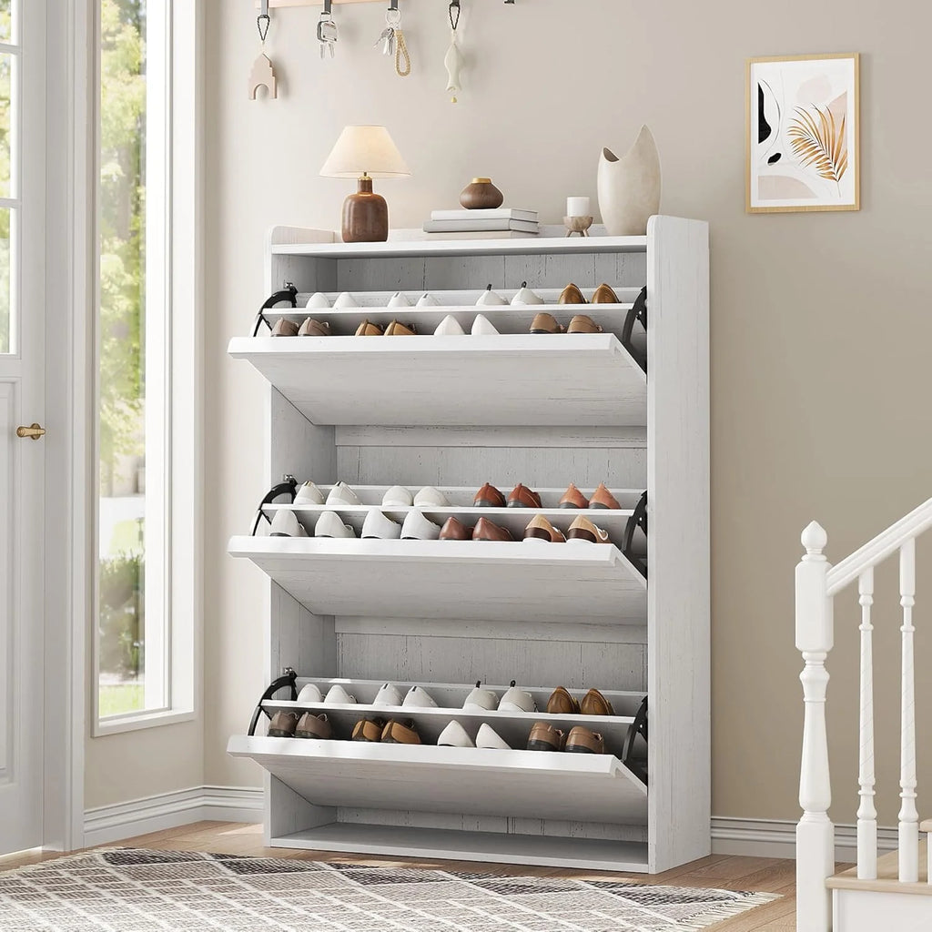 GarveeHome Shoe Cabinet with 3 Flip Top Drawers, Wooden Shoe Cabinet with Adjustable Shelves