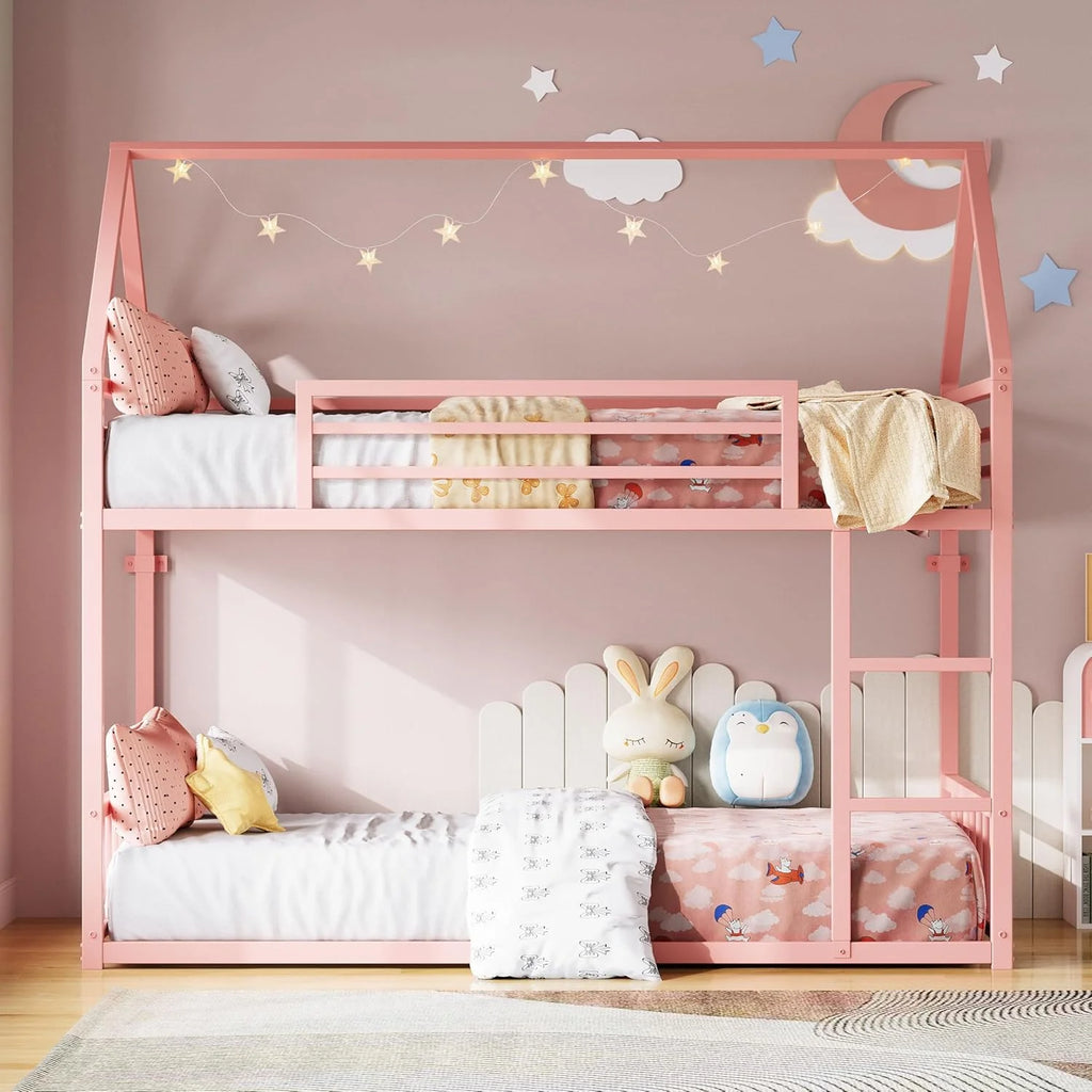 LIKIMIO Bunk Bed Twin Over Twin House Bunk Bed Frame Guardrail House Shaped Metal Slats