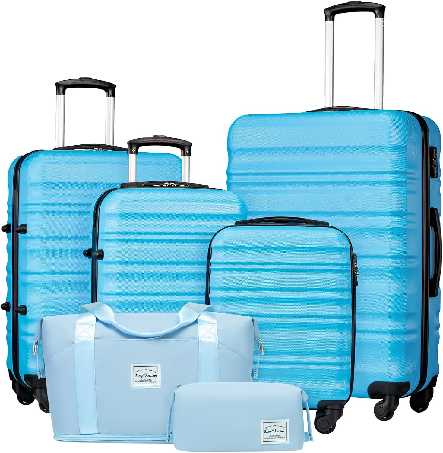 LONG VACATION 6 Piece Luggage Set Carry on Suitcase with ABS+PC hardshell Spinner Wheels
