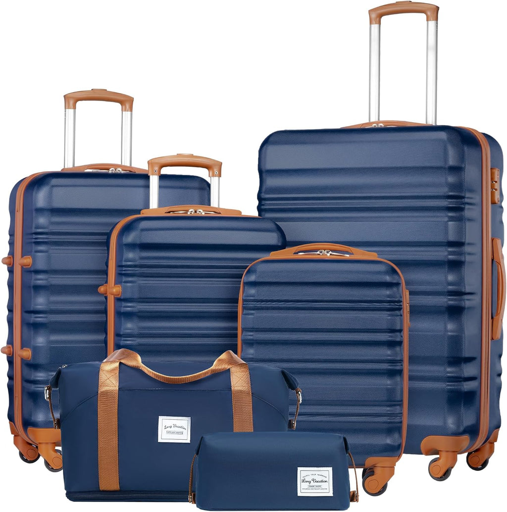 LONG VACATION 6 Piece Luggage Set Carry on Suitcase with ABS+PC hardshell Spinner Wheels