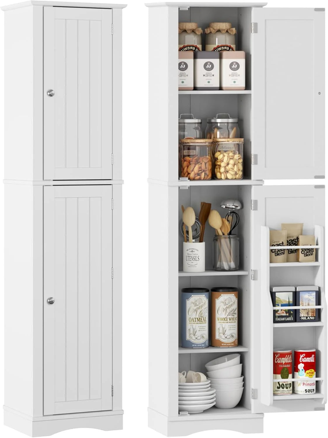 Tall Pantry Cabinet, Freestanding Storage Cabinet, Wooden Kitchen Pantry with 4 Doors and 5 Shelves, 72 Floor Cabinet Organizer