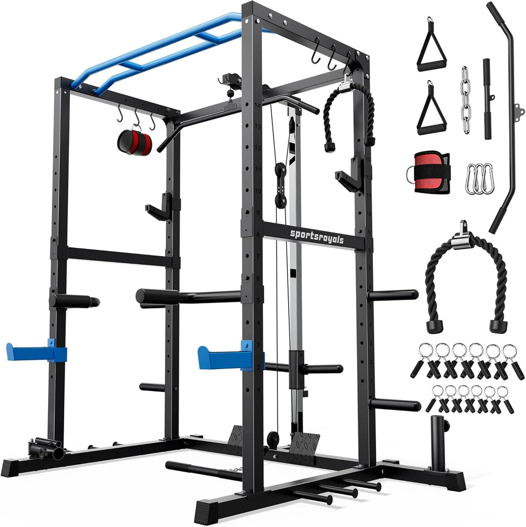 Sportsroyals Squat Rack, LAT Power Cage, Power Rack Multi-Function with Pulley System