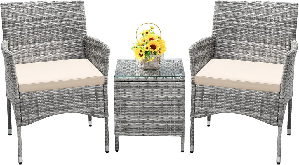 Devoko Patio Porch Furniture Sets 3 Pieces PE Rattan Wicker Chairs Outdoor Garden Furniture Sets